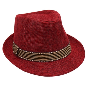 Close-up of deep red Fedora hat texture and multicolor striped ribbon band detail