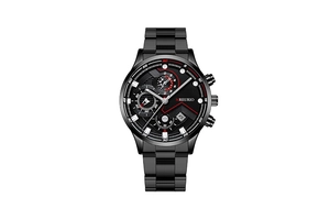Detalle de reloj cronógrafo de acero negro con detalles rojos y correa metálica de acero