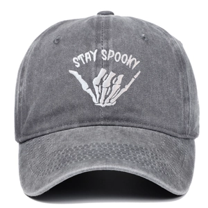 Washed dark grey cotton baseball cap with Stay Spooky skull hand embroidery