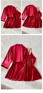 Détails de l'ensemble pyjama en satin rouge avec bretelles croisées et peignoir à ceinture