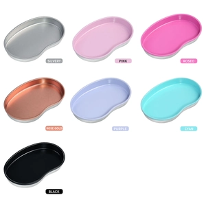 Stainless steel kidney-shaped trays set in seven metallic colors for medical or beauty use