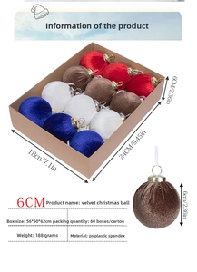 Set of 12 velvet Christmas balls in red, blue, white, and brown colors, 6cm diameter