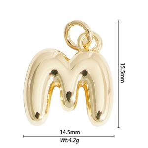 Detailed view of golden 3D bubble letter M pendant with 15.5mm height measurements