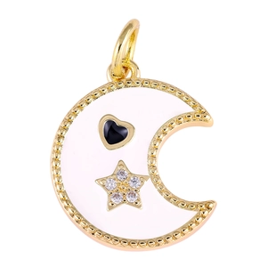 Detail of crescent moon pendant with white enamel, black heart, and zircon star inlay
