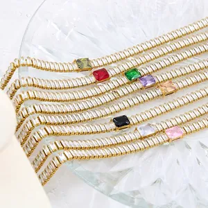 Luxurious gold plated tennis bracelet with multicolor square zircons and crystals
