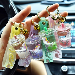 Unicorn Milk Tea Cup Keychain Liquid Quicksand Floating Sequins Acrylic Silicone Wristlet Bell Cute Creative Bag Pendant