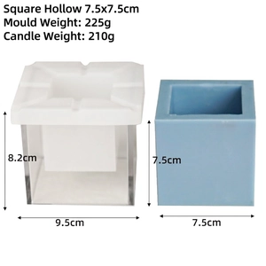 Square hollow candle mold dimensions showing a 7.5cm finished product size and 8.2cm height