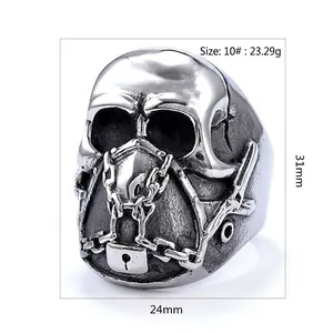 Gothic punk skull ring for men in stainless steel with chain and padlock detail