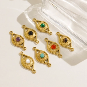 Evil Eye Connectors Stainless Steel 14K Gold Plated Natural Gemstone Inlay For DIY Jewelry Making Accessories