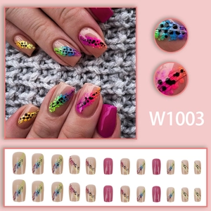 Colorful gradient feather press-on nails set with elegant magenta and black dot patterns