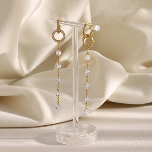 Elegant 18K gold plated long tassel earrings with sparkling zircon stones and round studs