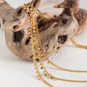 Elegant 18k gold plated titanium necklace with colorful enamel beads on a thin tassel chain