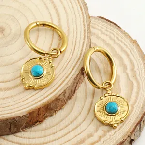 18K gold-plated stainless steel hoop earrings with round turquoise sunburst charms