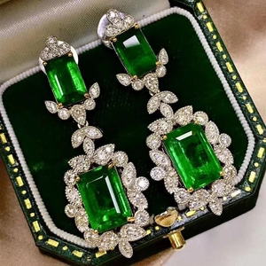 Vintage Copper Emerald Green Zirconia Dangle Earrings For Women Luxurious Rectangular Inlaid Rhinestone Drop Earring Jewelry
