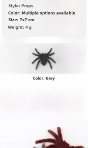 Detailed size specifications for 7x7cm flocked Halloween spiders in black and grey