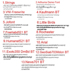 Selectie van dertien beschikbare lettertypestijlen voor gepersonaliseerde lasergravure op staal