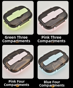 Detail view of 304 stainless steel lunch boxes with 3 and 4 compartments in multiple colors