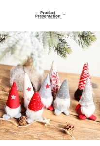 Set of 7 Nordic Christmas gnomes with knit hats on a rustic wood table decor