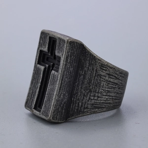 Retro gothic cross ring for men with brushed metal texture and wide band in silver black