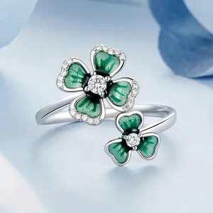 S925 sterling silver four-leaf clover open ring with green enamel and zircon stones