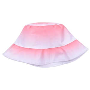 Detailed view of pink and white gradient bucket hat with fine cotton twill stitching