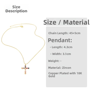 Detailed size chart showing cross pendant dimensions and 18K gold plated chain length