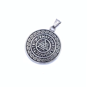 Detailed macro view of silver Viking Valknut pendant with carved Runic alphabet symbols