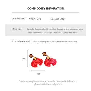 Size information and material detail of red fan-shaped drop earrings in alloy