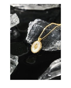 Macro detail of tulip shell pendant with gold necklace on ice and black background