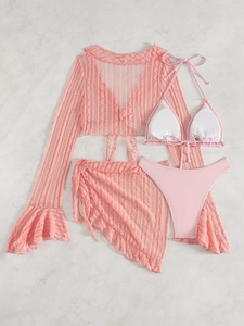 Ensemble de maillot de bain rose quatre pièces avec cache-maillot en dentelle florale