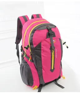 Close-up of rose red hiking backpack with waterproof nylon fabric and side mesh pocket