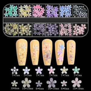 Detail of 3D resin nail art flower charms in 12-grid storage box with size markings