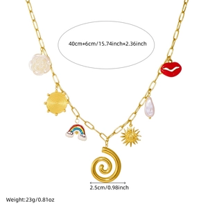 Gold chain necklace with rainbow, flower, and sun pendants displayed on white background