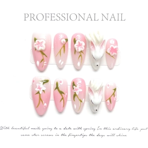 Handmade Press On Nails 3D Fox Relief Sakura Hand Painted Pink Gradient Elegant Artificial Fingernails Sweet Style