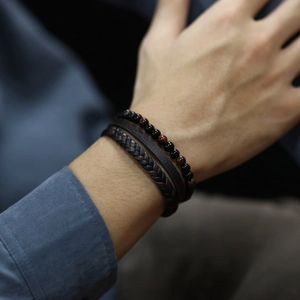 Retro multilayer bracelet set with red tiger eye beads and braided dark brown leather