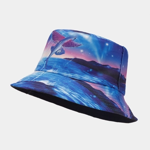 Detail of artistic dolphin and aurora print on a polyester sun bucket hat