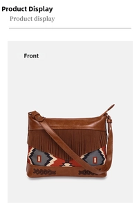 Front view of Bohemian crossbody bag featuring ethnic patterns, tassels, and woven leather details