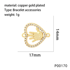 Detail view of 17x14mm gold-plated palm charm with zircon heart for bracelet making