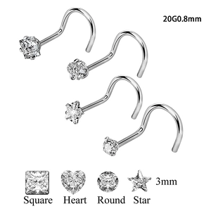 Set of 4 stainless steel L-shaped nose studs with square, heart, round and star zircons