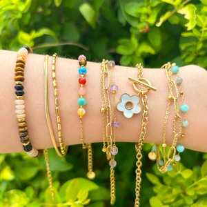 Stainless Steel Natural Stone Layered Bracelet For Women White Shell Flower Pendant Bohemian Vintage Jewelry