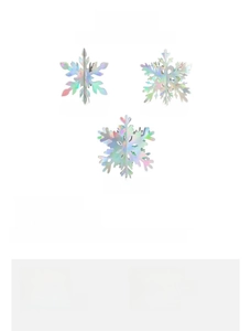 Detailed view of iridescent laser snowflake hanging ornaments in 12cm and 15cm sizes