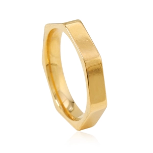 Polished gold hexagonal geometric stainless steel ring for men with faceted design