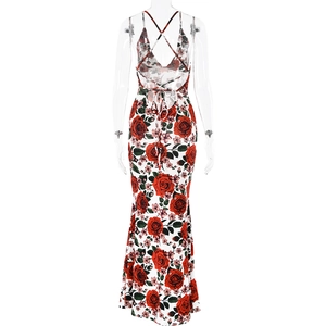 Detail of cross-back tie design and floral rose print on a backless maxi dress
