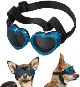 Blue heart-shaped dog goggles with dark lenses and adjustable elastic strap for small dogs