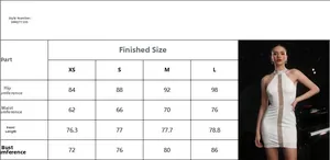 Detailed size chart for the white hollow out halter bodycon dress with crystal rhinestones