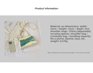 Close-up of stylish PU leather crossbody bag with green tie-dye flap and size chart