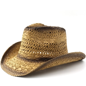 Western Cowboy Straw Hat Wide Brim Paper Weave Sun Protection Gradient Burnt Edge Retro Vintage Summer Beach Travel