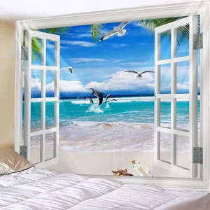 Detail of 3D window view tapestry with dolphins and beach scenery on bedroom wall