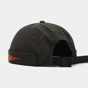 Minimalist quick-dry dark grey miki hat with adjustable strap and orange music club patch