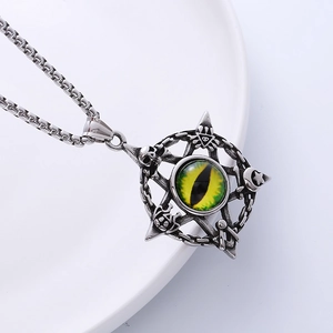 Silver pentagram skull necklace with green devil eye pendant and stainless steel box chain